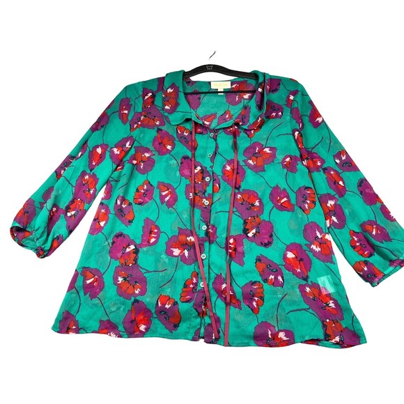 ModCloth Floral Peter Pan Collar Sheer Blouse Green Large retro - Picture 2 of 8